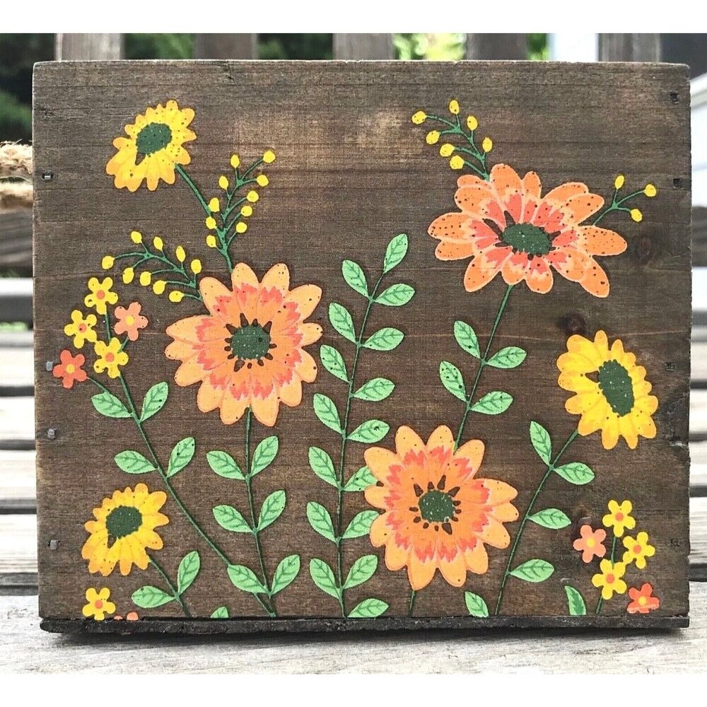 Vintage Hand Painted Wooden Planter Box Bright Flowers Rope Handles Lined 5"